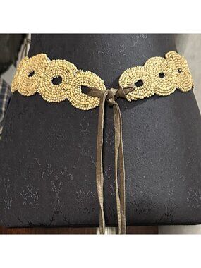 Natural Wood Beaded Bohemian Belt Medallion Dark Brown Fabric Ties 30+ In. Boho